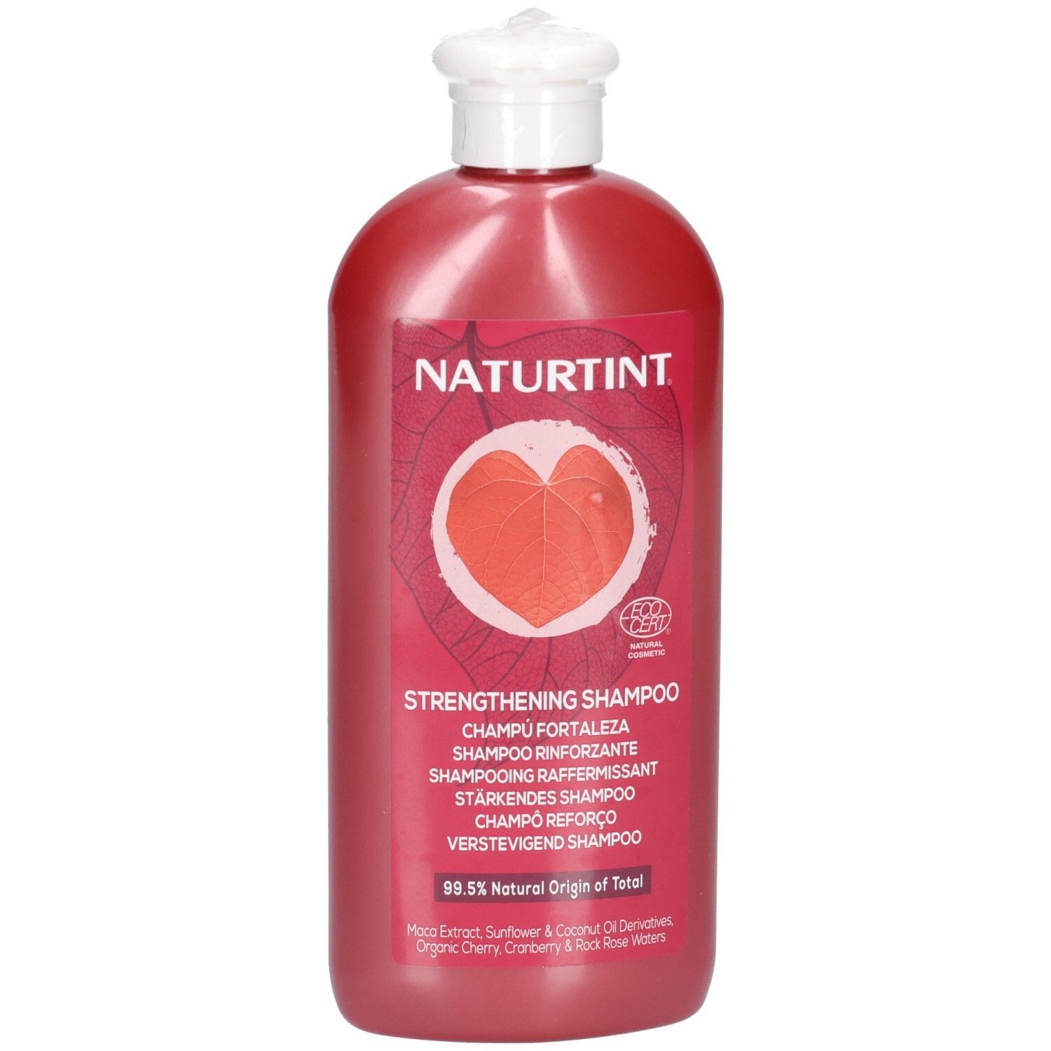 Shampoing Fortifiant Naturtint dans une bouteille rouge avec un bouchon rabattable blanc. Logo feuille en forme de cœur.