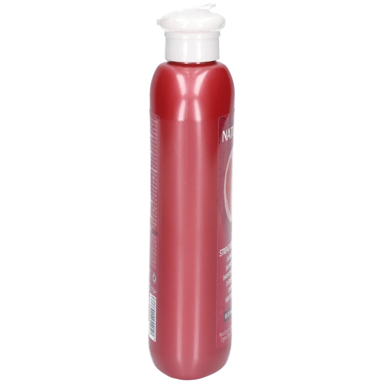 Côté d'une bouteille rouge de Shampoing Fortifiant Naturtint avec un bouchon rabattable blanc.