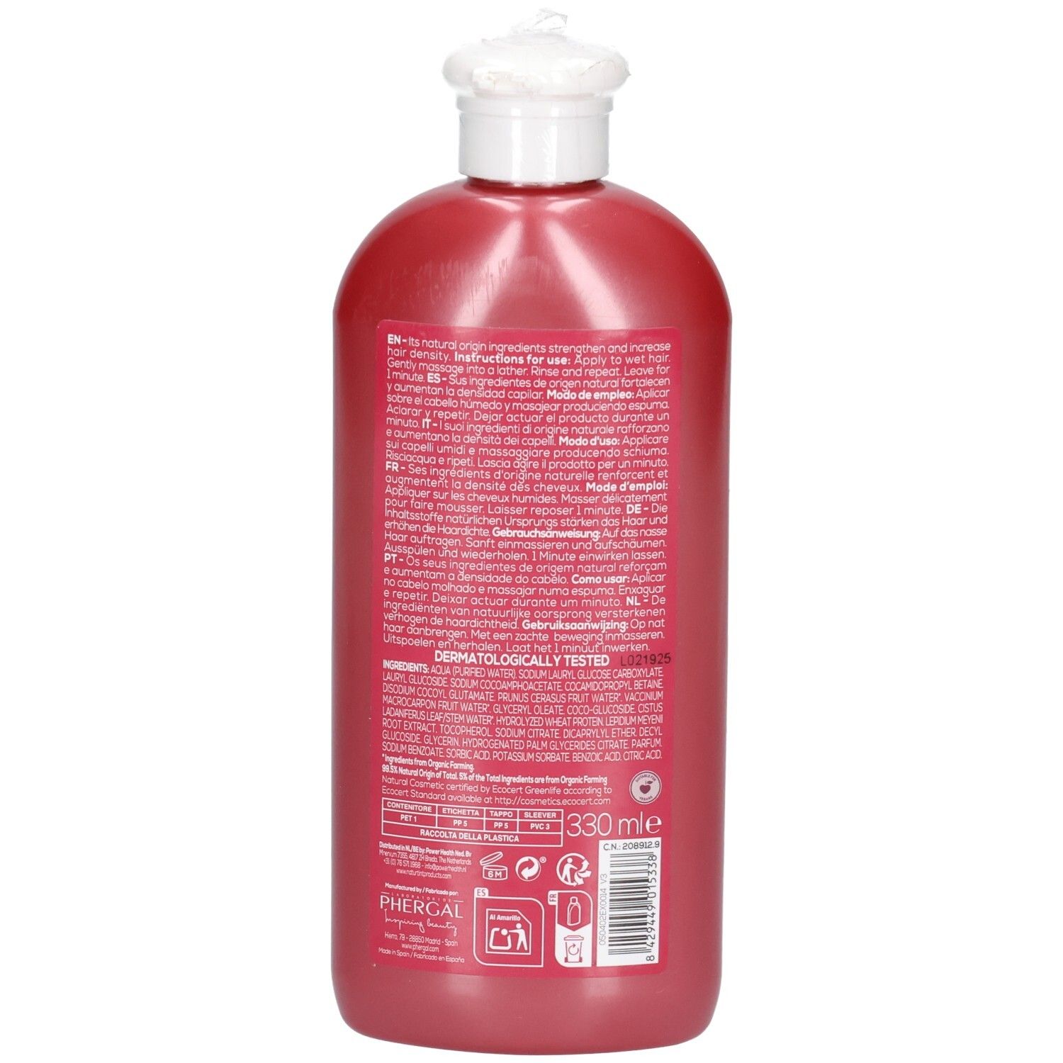 Arrière d'une bouteille rouge de Shampoing Fortifiant Naturtint avec bouchon blanc. Contient du texte et un code-barres.