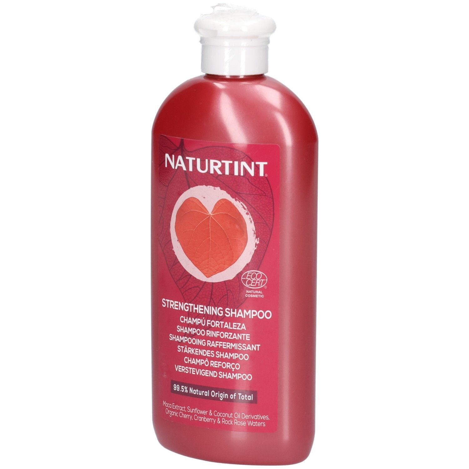 Shampoing Fortifiant Naturtint dans une bouteille rouge avec un bouchon rabattable blanc. Logo feuille en forme de cœur.