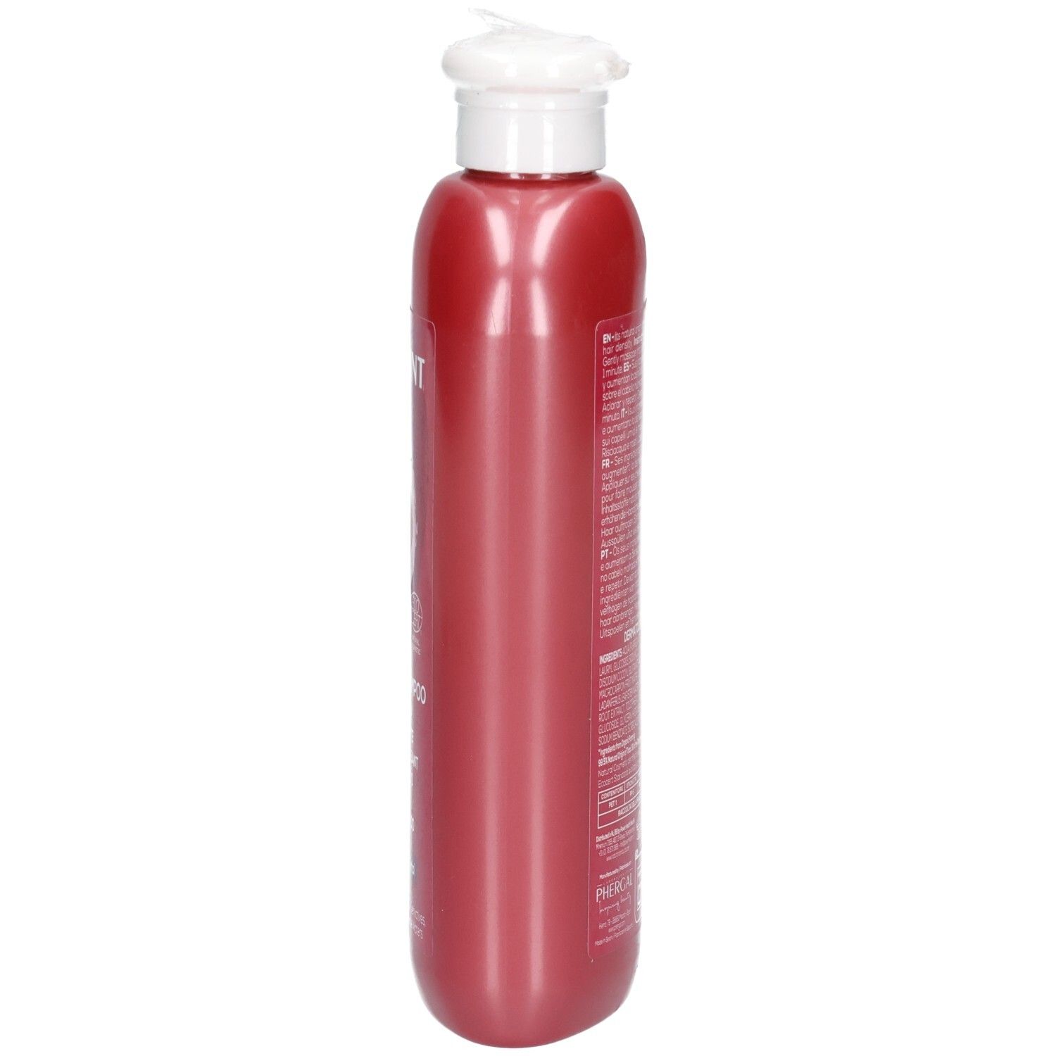Côté d'une bouteille rouge de Shampoing Fortifiant Naturtint avec un bouchon rabattable blanc.