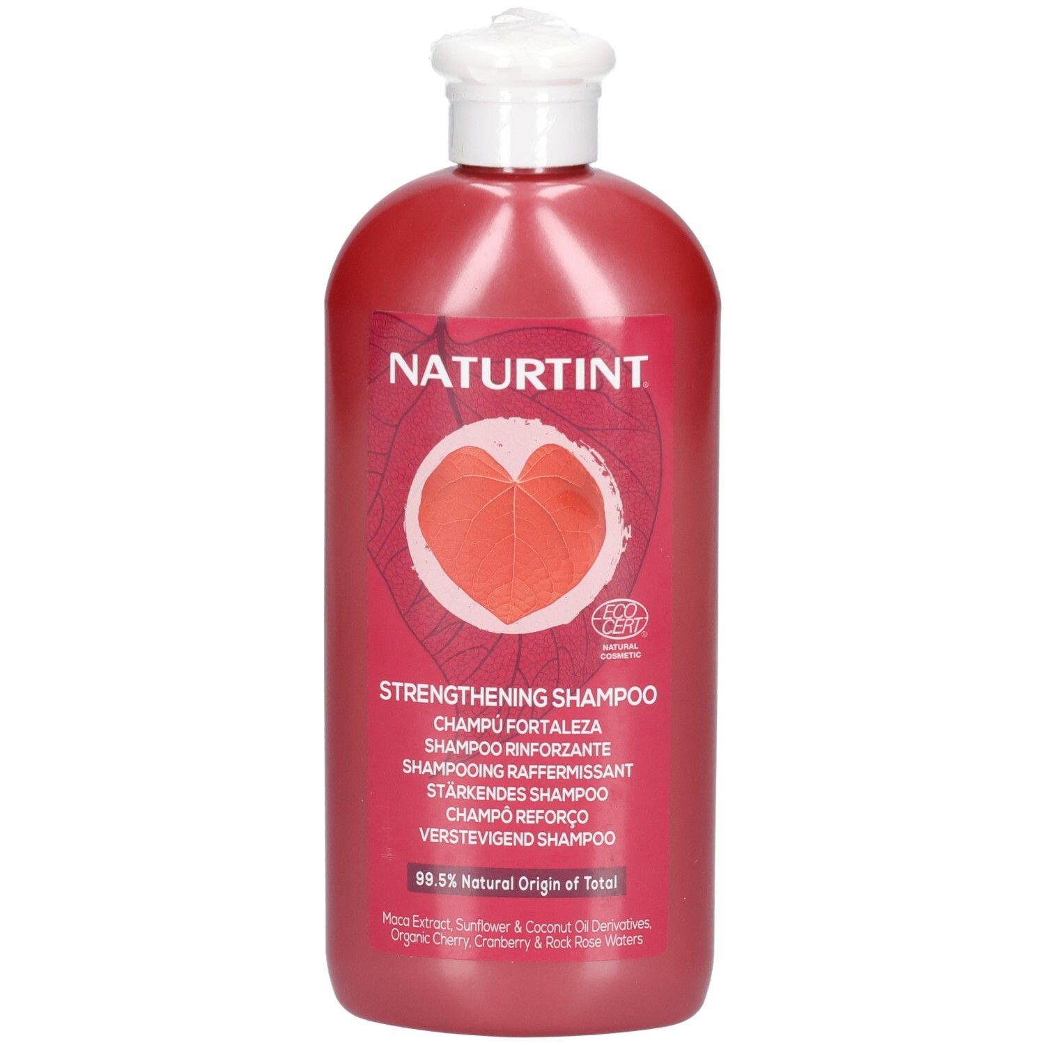 Shampoing Fortifiant Naturtint dans une bouteille rouge avec un bouchon rabattable blanc. Logo feuille en forme de cœur.