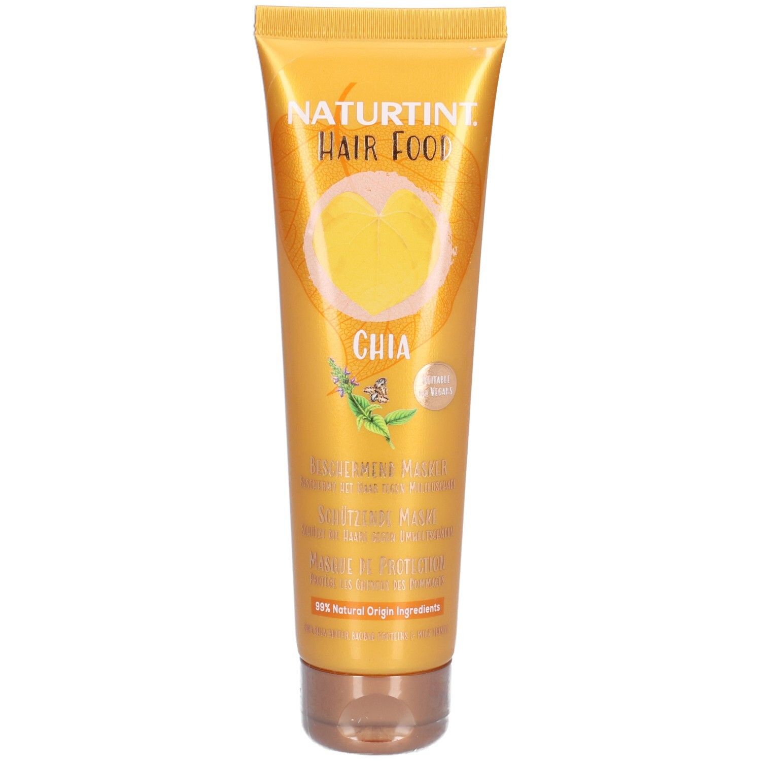 Tube jaune Naturtint Hair Food Chia. Inscriptions ingrédients et logo. Ingrédients naturels à 99%.