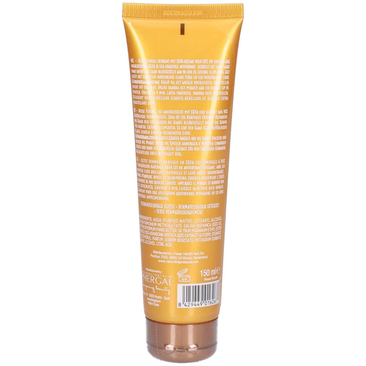 Dos d'un tube jaune. Texte avec ingrédients et informations fabricant. Volume : 150 ml.