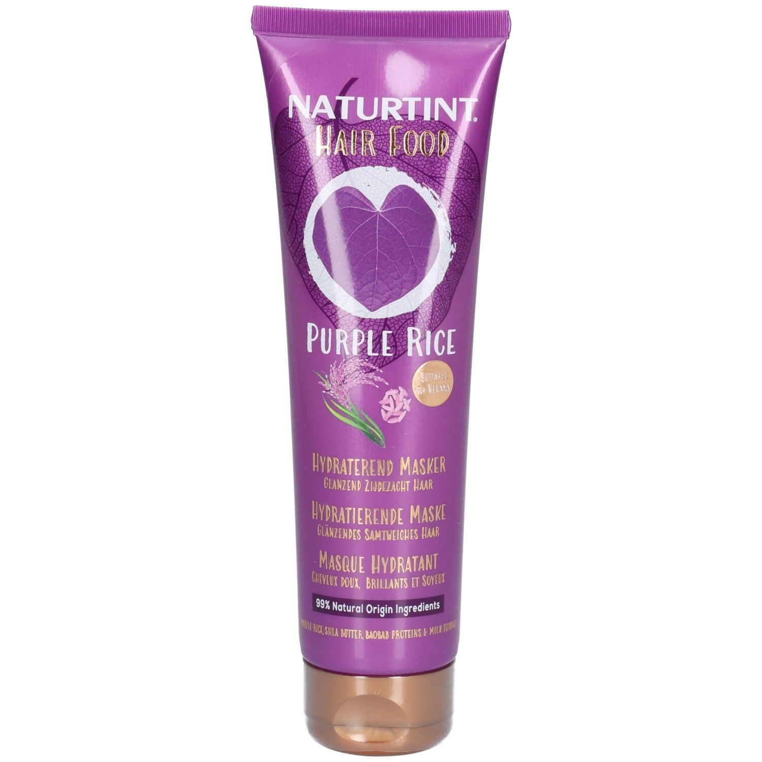 Tube violet avec texte Naturtint Hair Food. Inscription: Purple Rice, masque hydratant. Avec sceau et motif floral.