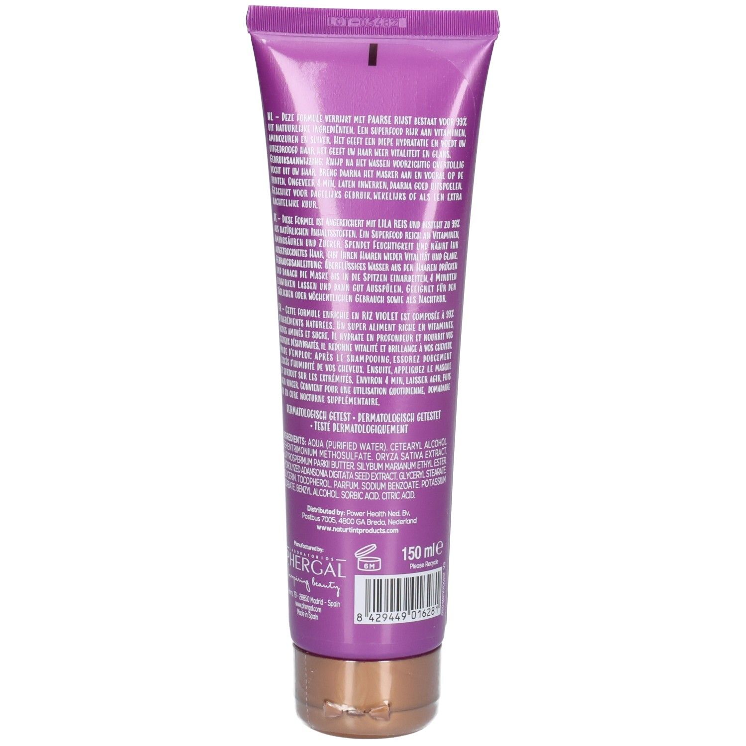 Dos d'un tube violet. Texte en plusieurs langues. En bas: 150 ml. Avec code-barres et informations fabricant.