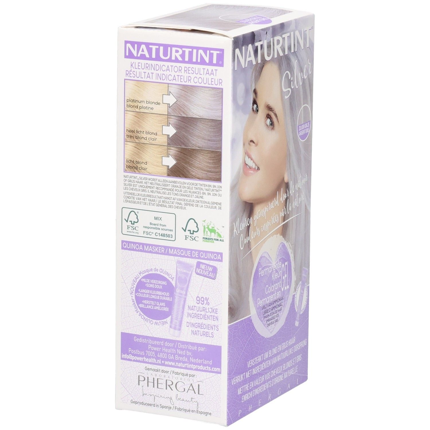 Boîte Naturtint Silver, dos. Résultats couleur et certifications FSC. Texte: Masque de Quinoa. 99% ingrédients naturels.