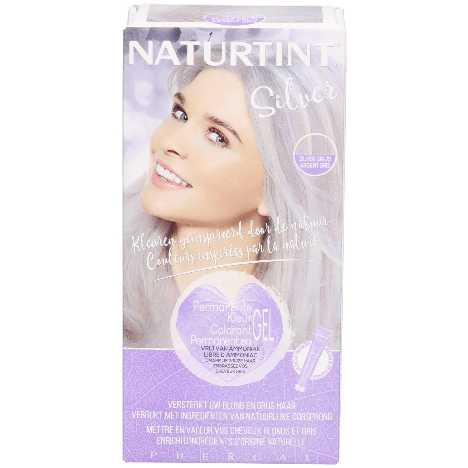 Boîte Naturtint Silver. Femme aux cheveux gris argenté. Texte: Permanent Gel Colorant. Sans ammoniaque. Pour cheveux blonds et gris.