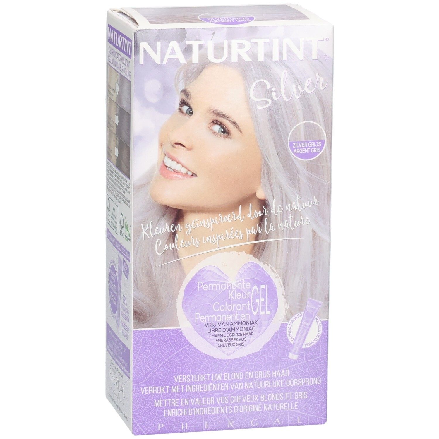 Boîte Naturtint Silver. Femme aux cheveux gris argenté. Texte: Permanent Gel Colorant. Sans ammoniaque. Pour cheveux blonds et gris.