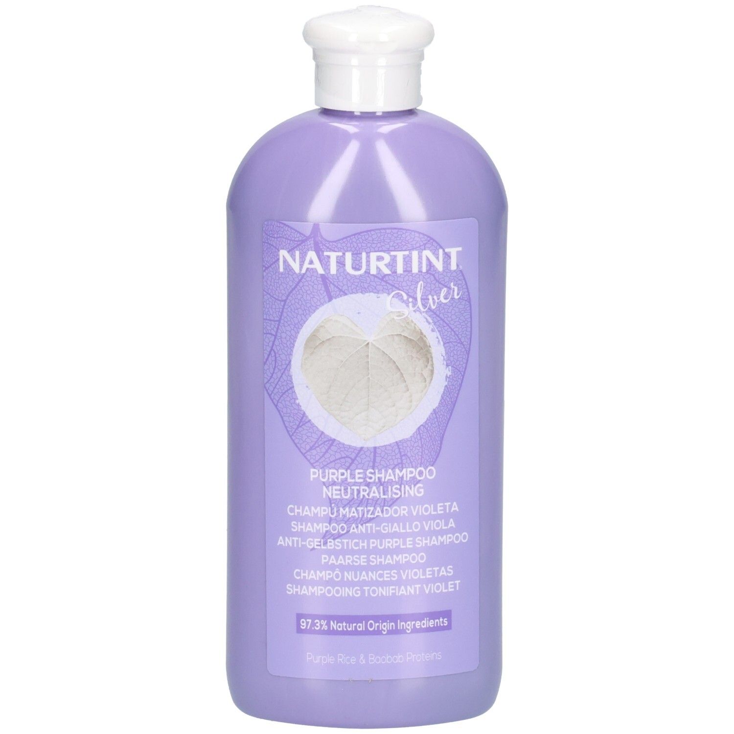 Flacon de shampooing violet. Inscription: Naturtint Silver, Purple Shampoo. Bouchon blanc. Étiquette avec informations et logo.