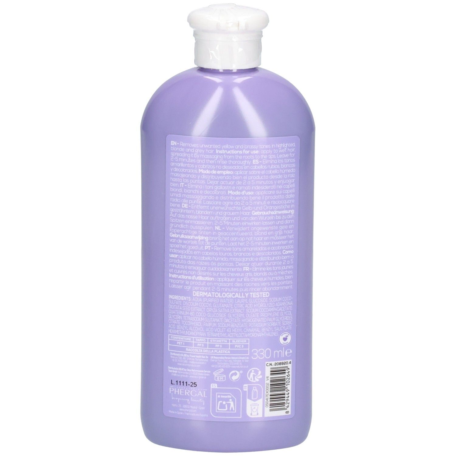 Dos d'un flacon de shampooing violet. Texte avec ingrédients et instructions. Inscription: Testé dermatologiquement. 330 ml.