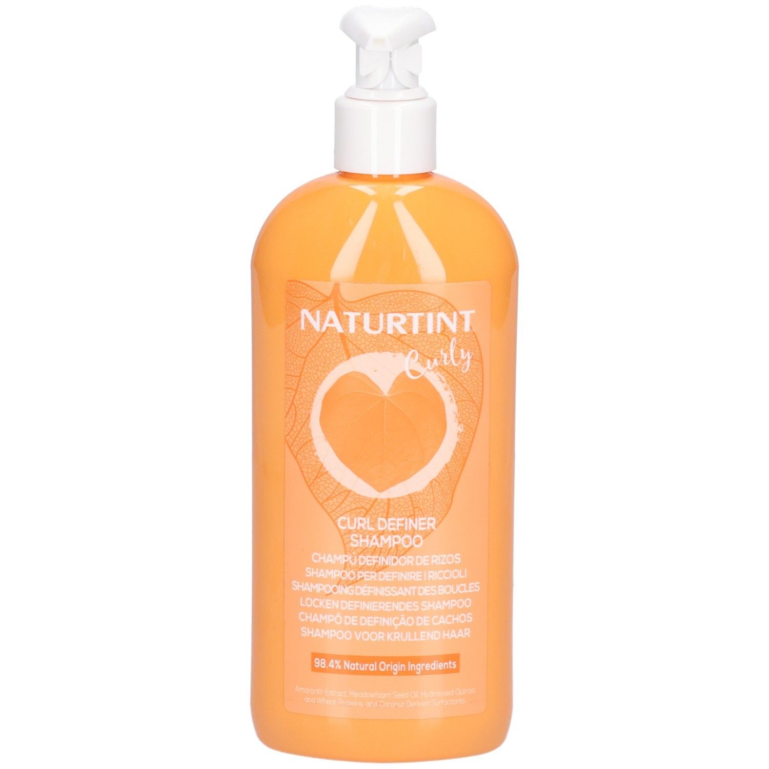 Flacon orange avec pompe blanche. Inscription: Naturtint Curly. Nom du produit: Curl Definer Shampoo. Avec logo et texte.