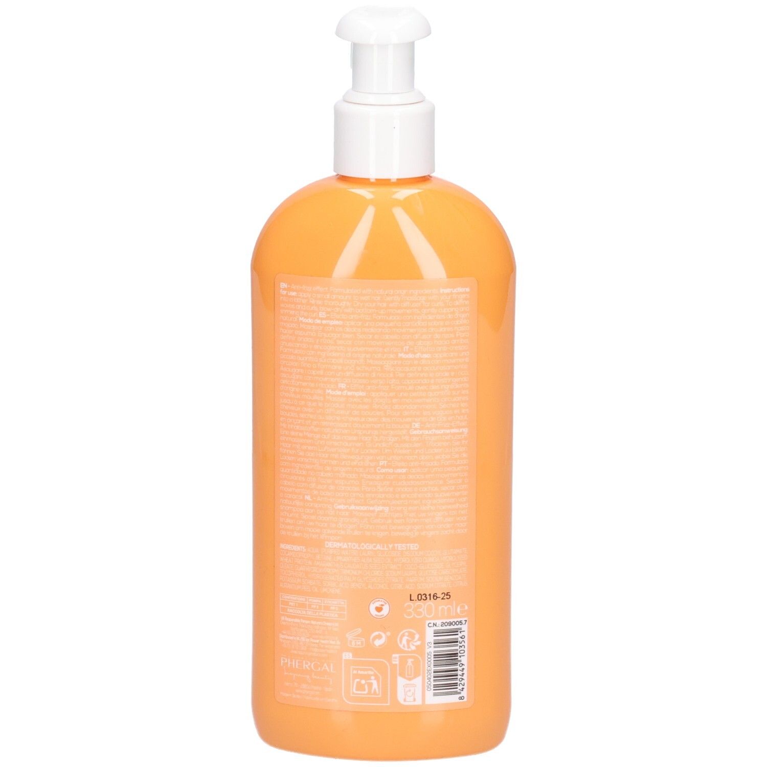 Dos d'un flacon orange avec pompe blanche. Texte et symboles sur l'étiquette.