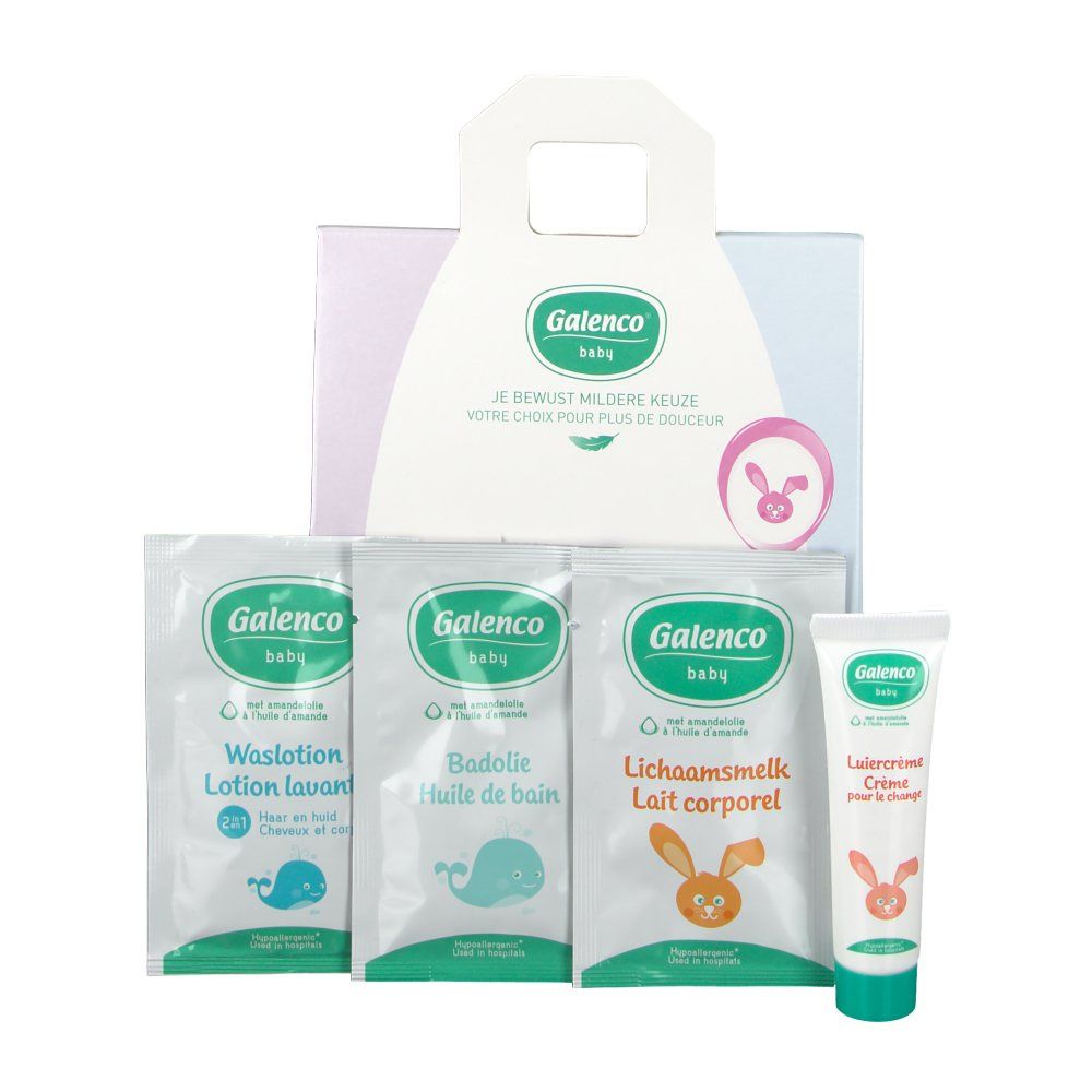 Coffret cadeau Galenco Baby. Contient lotion lavante, huile de bain, lait corporel et crème. Emballage avec poignée.