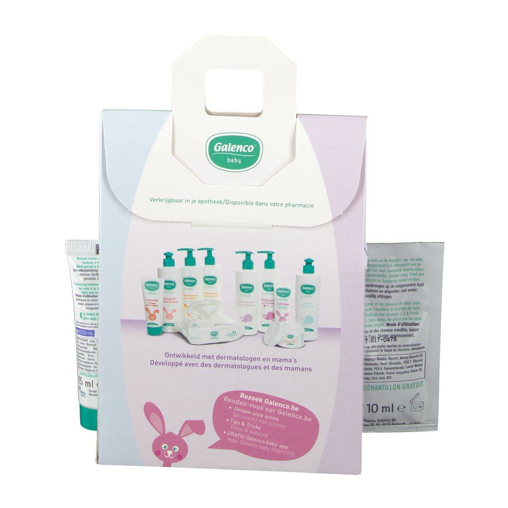 Coffret cadeau Galenco Baby. Contient un tube de crème et un échantillon. Impression avec illustrations de produits.