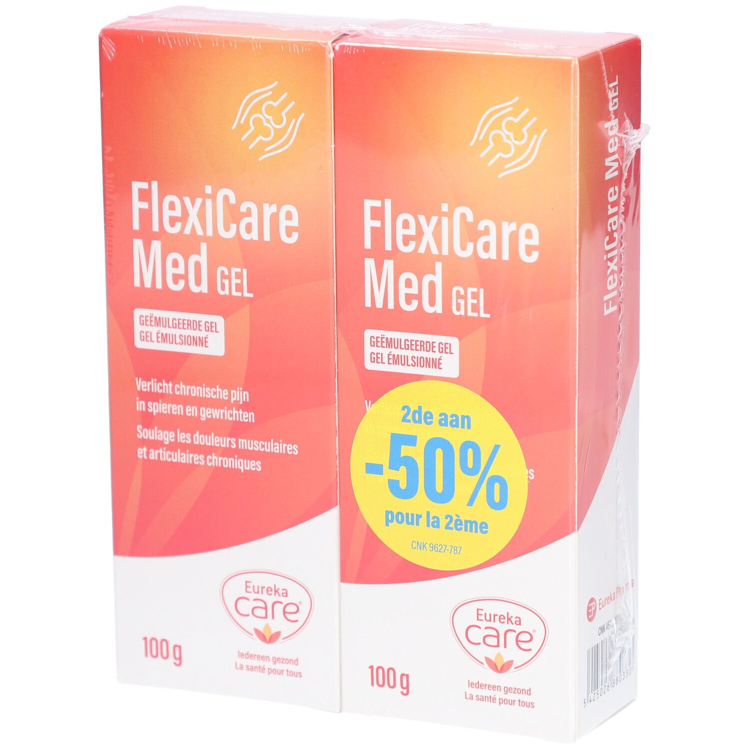 Deux boîtes de FlexiCare Med Gel. Emballage orange et blanc avec nom et logo du produit. 100g par boîte. Impression : -50% sur la 2ème.