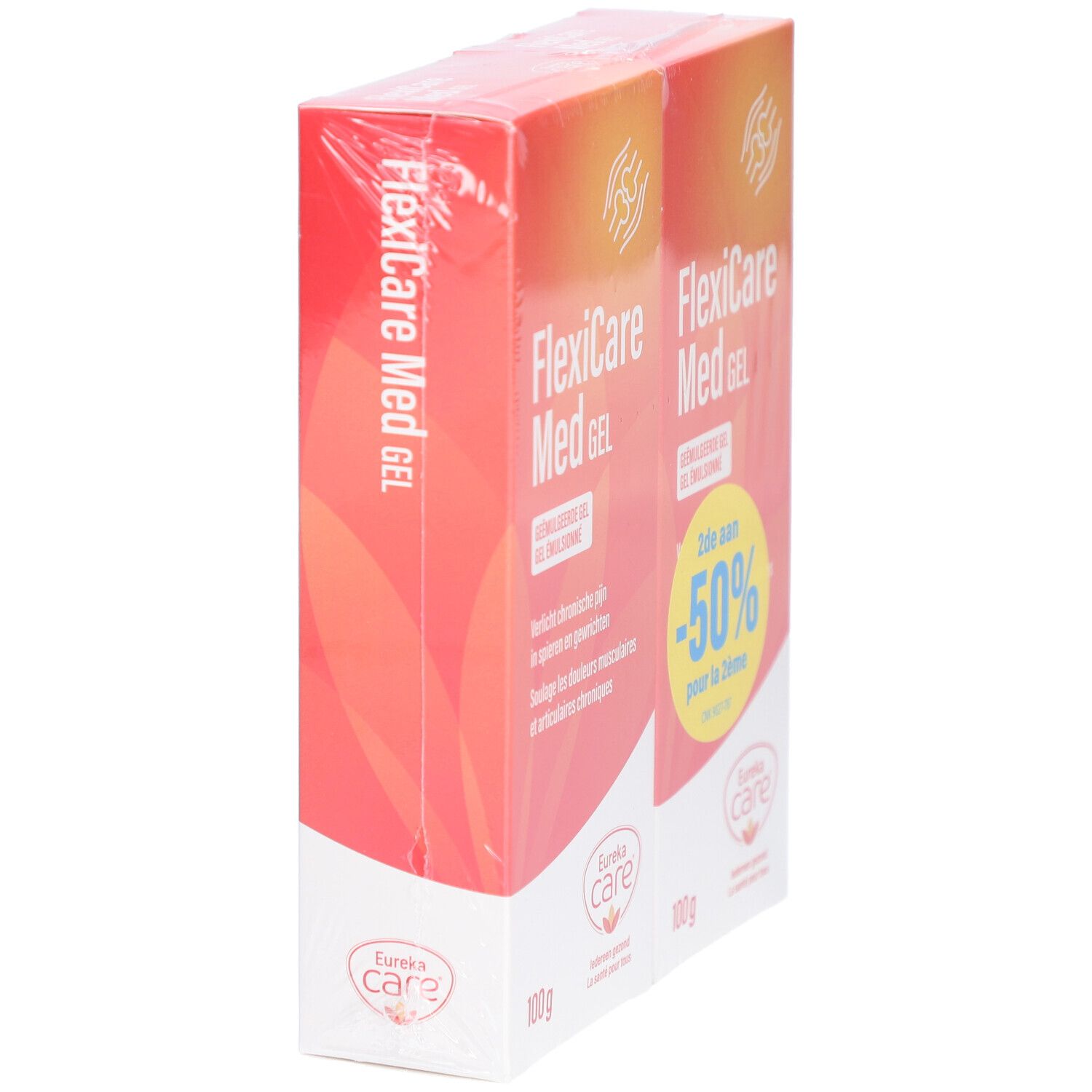 Deux boîtes de FlexiCare Med Gel emballées dans du film plastique. Emballage orange et blanc. Impression : -50% sur la 2ème.