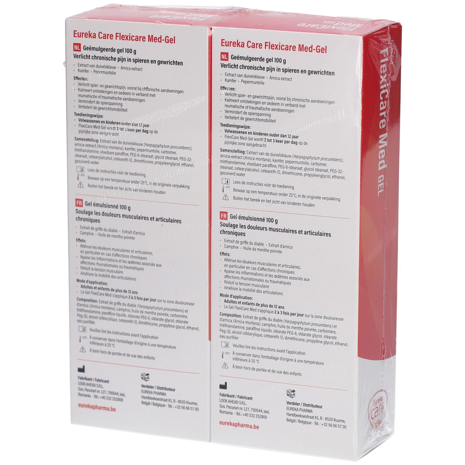 Dos de deux boîtes de FlexiCare Med Gel. Texte multilingue. Contient des informations sur les ingrédients et l'utilisation.