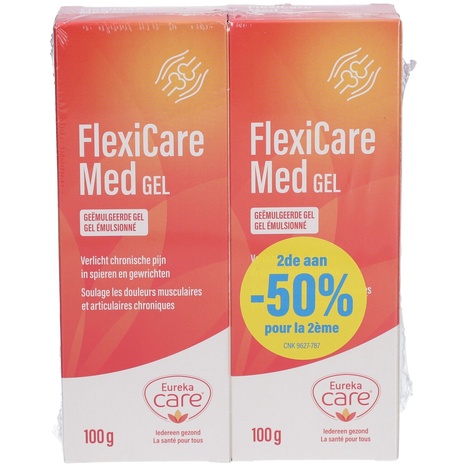 Deux boîtes de FlexiCare Med Gel. Emballage orange et blanc avec nom et logo du produit. 100g par boîte. Impression : -50% sur la 2ème.