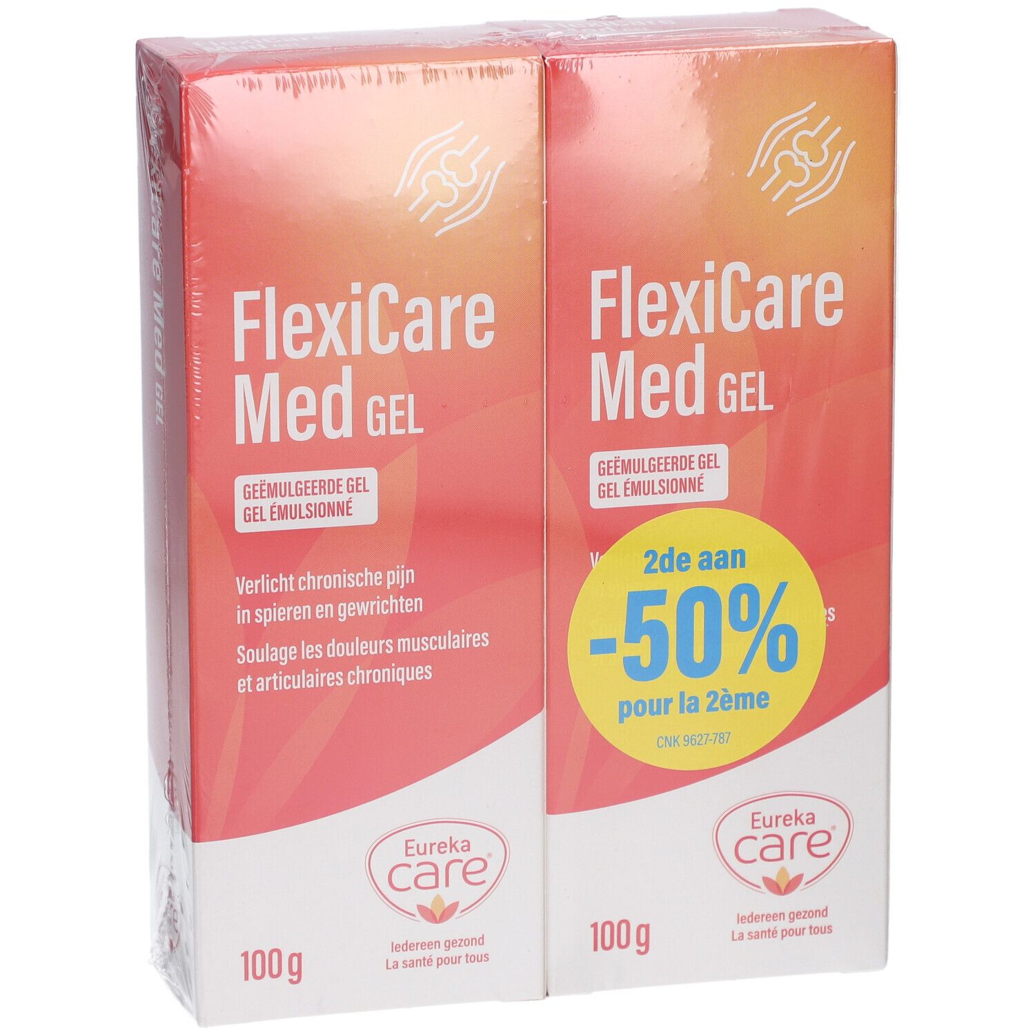 Deux boîtes de FlexiCare Med Gel. Emballage orange et blanc avec nom et logo du produit. 100g par boîte. Impression : -50% sur la 2ème.
