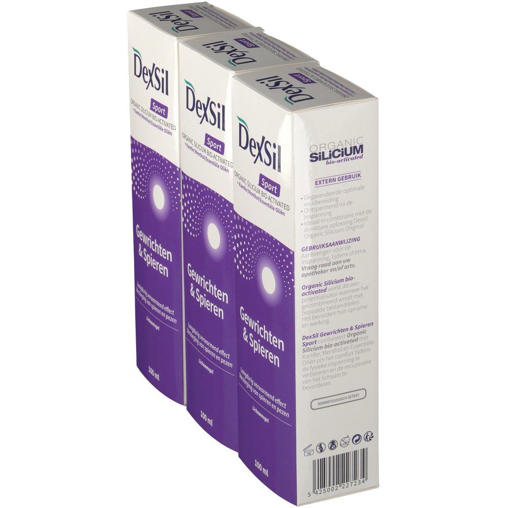 Trois boîtes Dexsil Sport, vue latérale. Emballage avec informations et texte sur le produit. 100 ml.