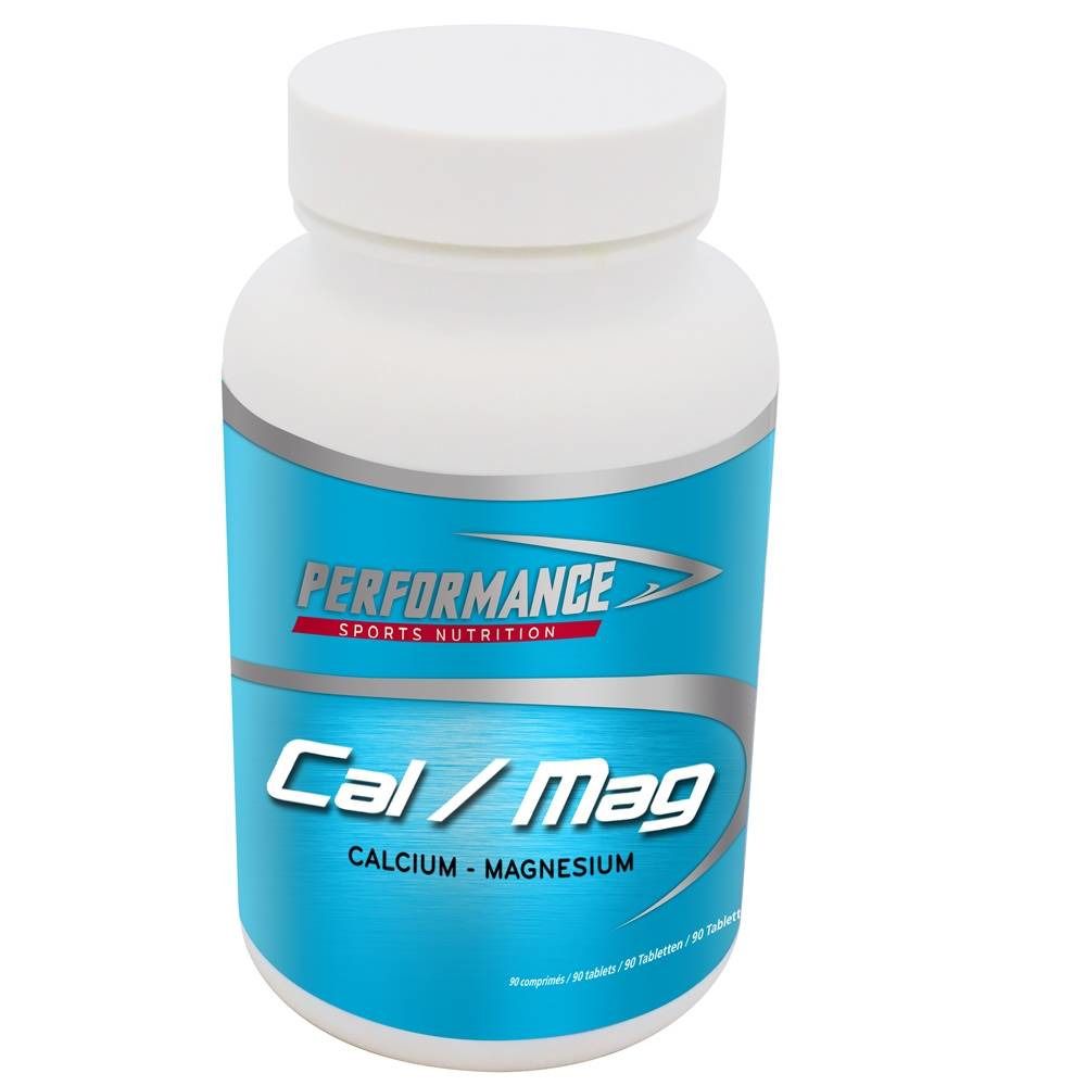 Flacon blanc avec étiquette bleue. Inscription: PERFORMANCE, Cal/Mag, Calcium - Magnésium.
