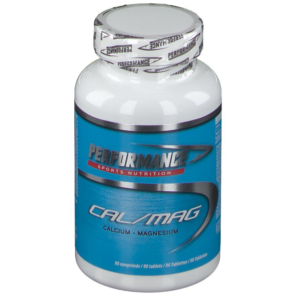 Flacon blanc avec étiquette bleue. Inscription: PERFORMANCE, Cal/Mag, Calcium - Magnésium. Bouchon imprimé.