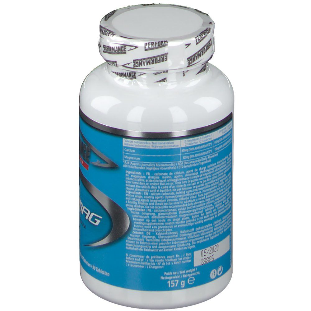 Flacon blanc avec étiquette bleue. Dos avec texte. Inscription: Cal/Mag. Poids: 157 g.