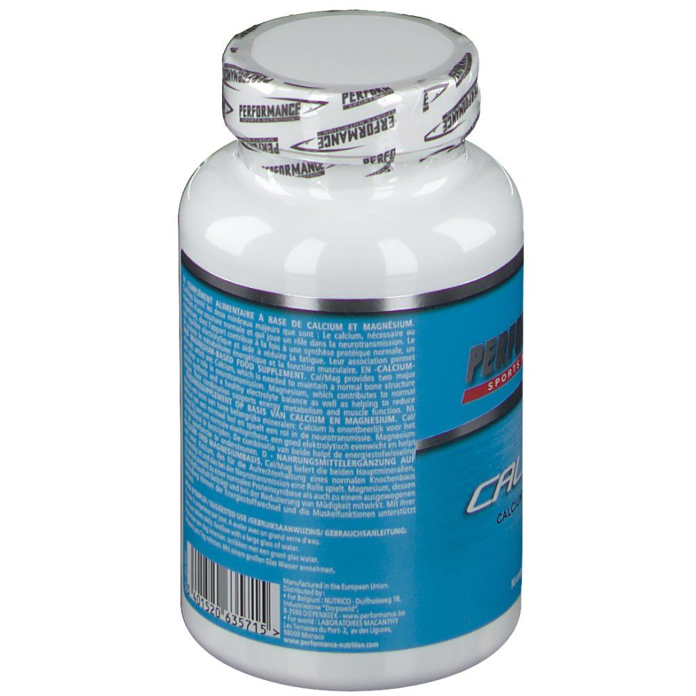 Flacon blanc avec étiquette bleue. Dos avec texte. Inscription: Cal/Mag. Date de péremption.