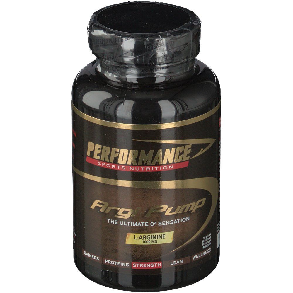 Flacon noir avec étiquette dorée. Inscription: Performance, Argi-Pump, L-Arginine 1000 mg.