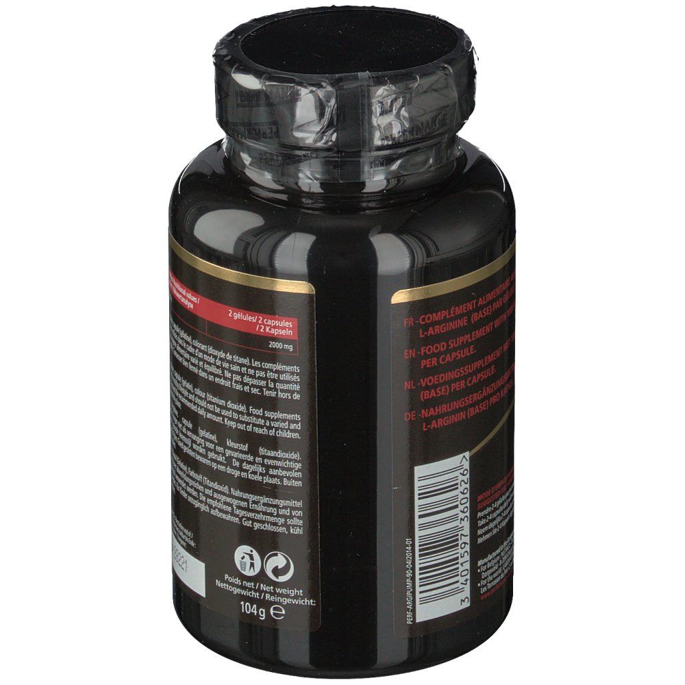 Dos du flacon noir. Texte multilingue. Poids: 104g. Informations sur les ingrédients.