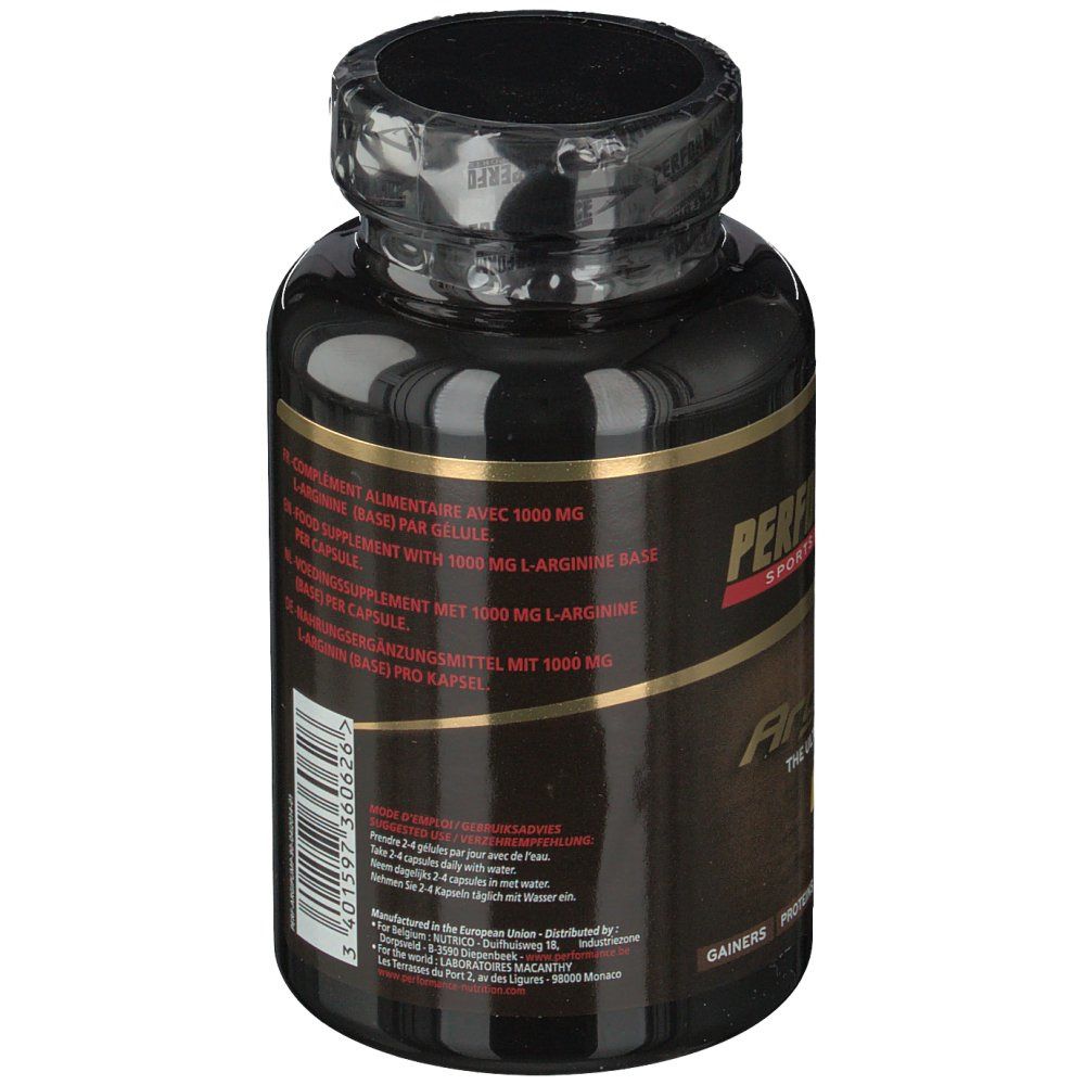 Flacon noir avec étiquette dorée. Texte multilingue. Informations sur les ingrédients.