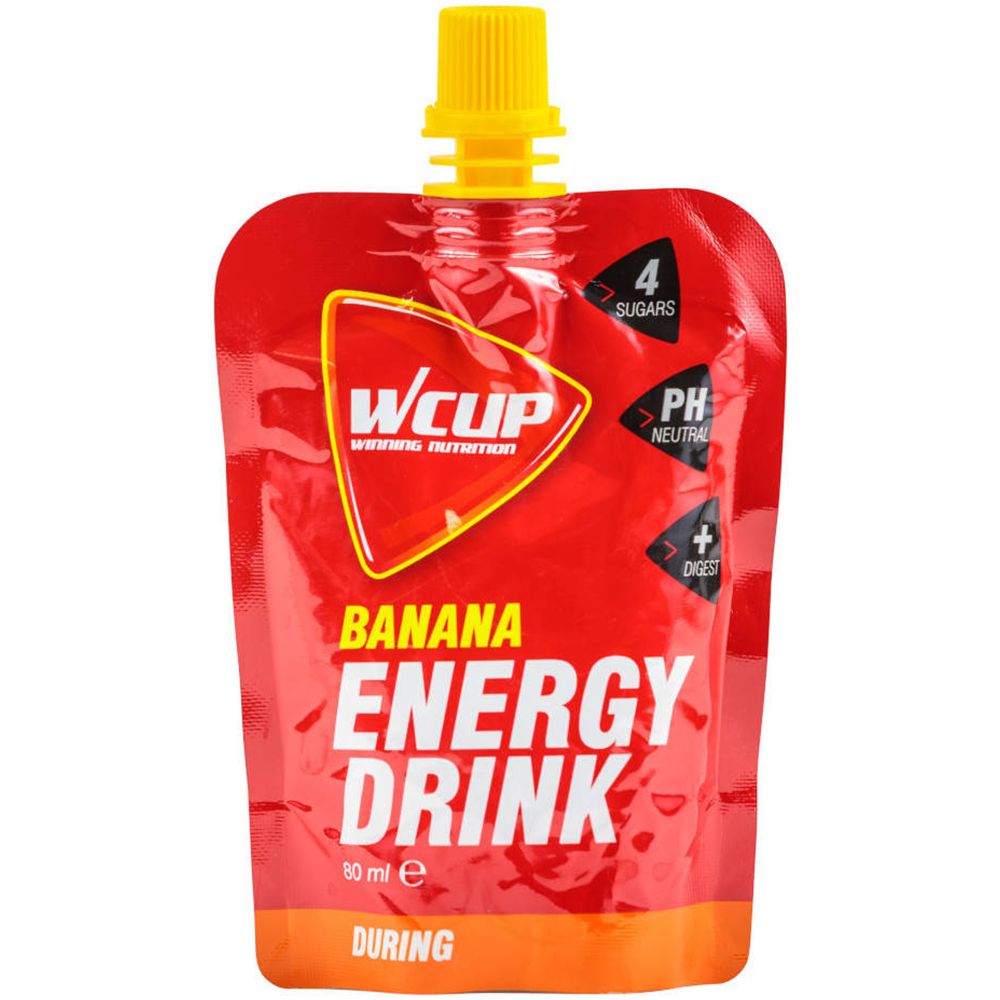 Sachet rouge avec bouchon jaune. Inscription: Wcup Energy Drink Banana. Contient des informations sur le sucre et le pH.