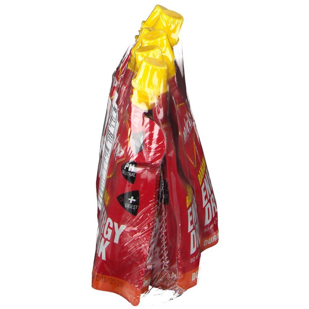 Paquet de six sachets rouges avec bouchons jaunes. Inscription: Energy Drink. Emballé dans du film plastique.