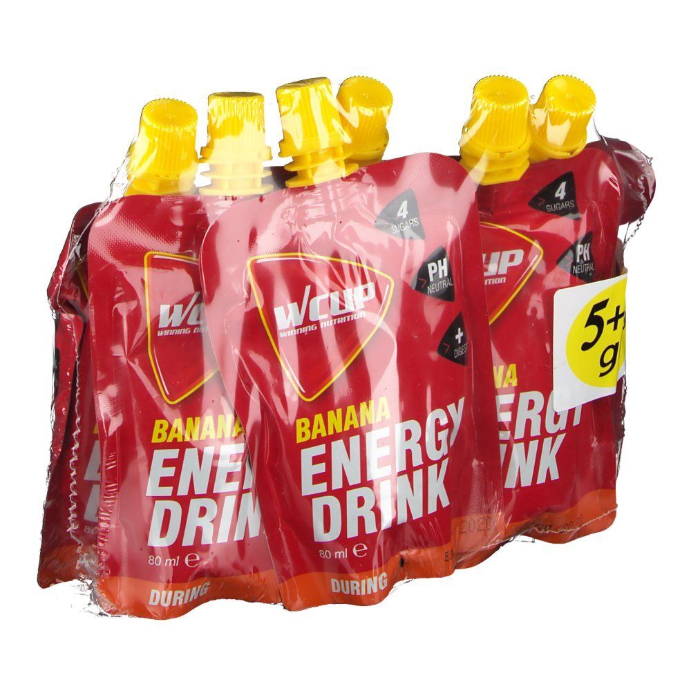 Paquet de six sachets rouges avec bouchons jaunes. Inscription: Wcup Energy Drink Banana. 5+1 gratuit.