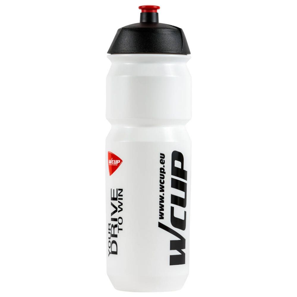 Gourde blanche avec bouchon noir. Inscription : wcup.eu, wcup, YOUR DRIVE TO WIN.