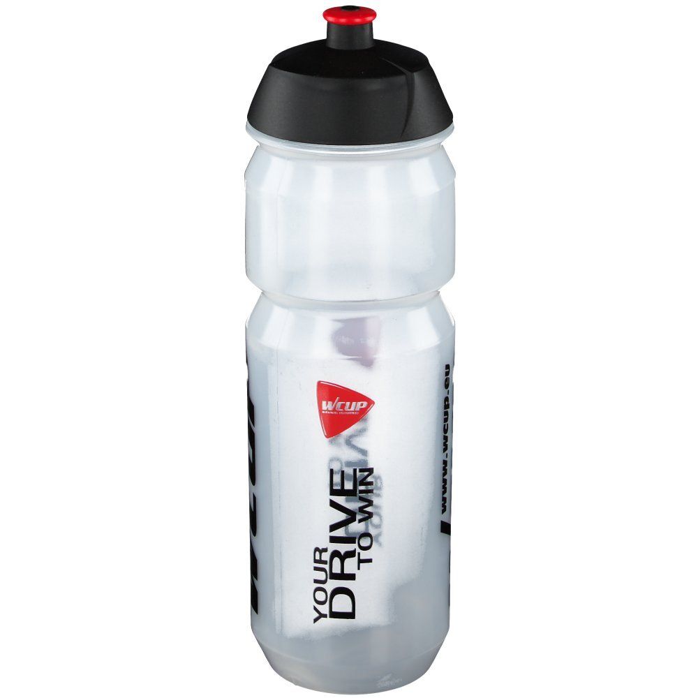 Gourde transparente avec bouchon noir. Inscription : wcup.eu, wcup, YOUR DRIVE TO WIN.