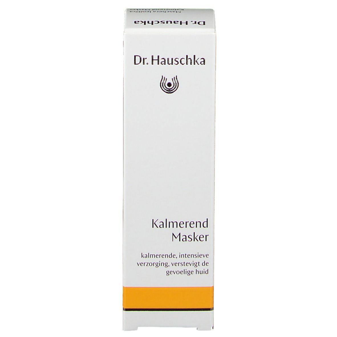 Boîte blanche avec bande jaune. Inscription: Dr. Hauschka, Kalmerend Masker.