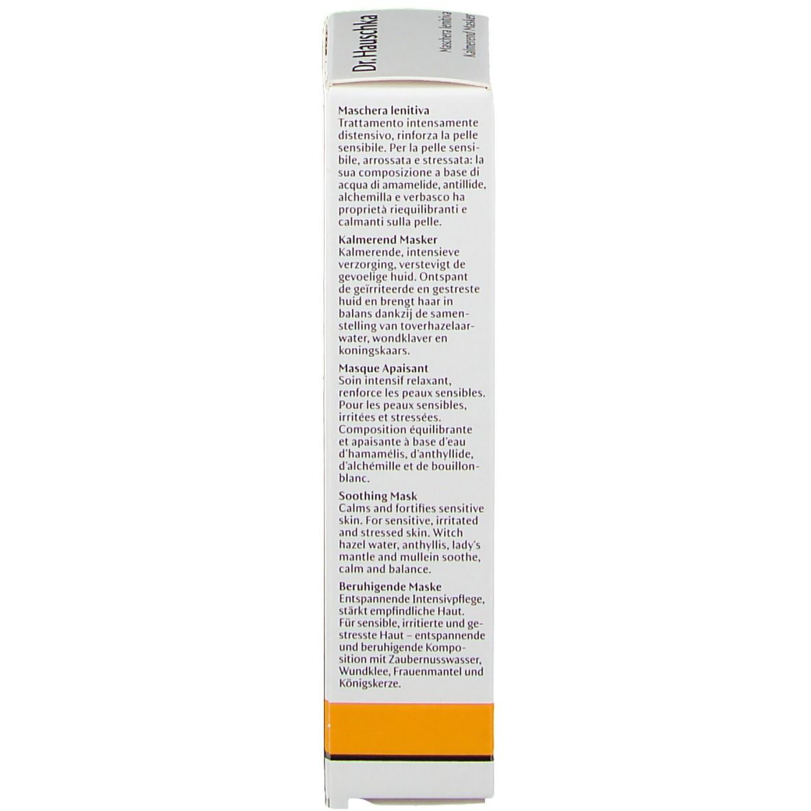 Dos de la boîte. Texte multilingue. Inscription: Maschera lenitiva, Kalmerend Masker, Soothing Mask.