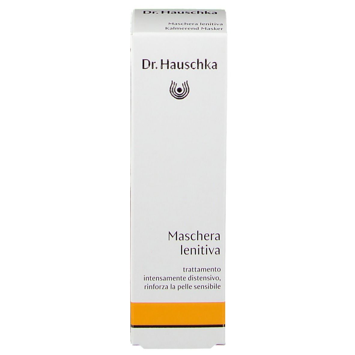 Face avant de la boîte. Inscription: Dr. Hauschka, Maschera lenitiva, Kalmerend Masker.