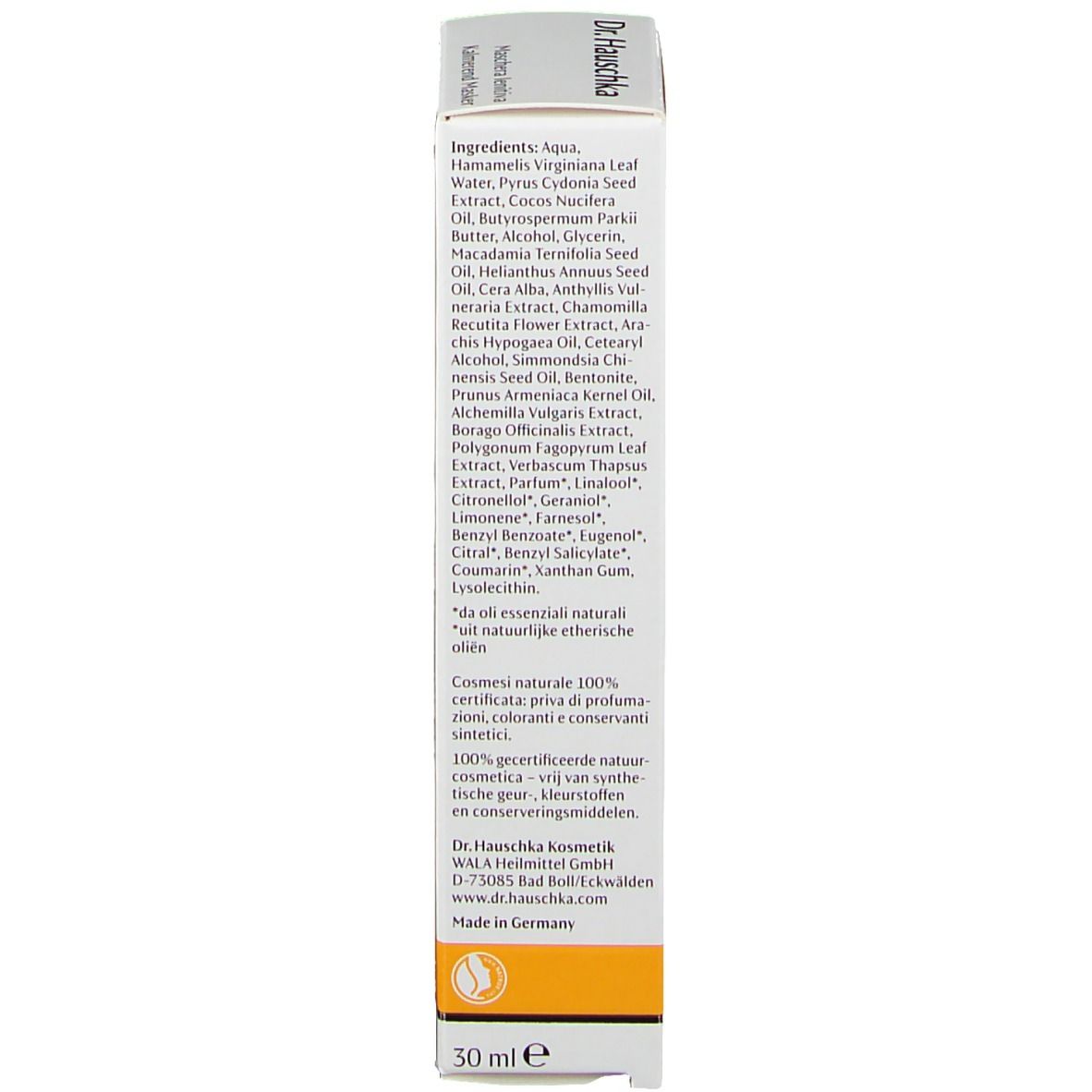 Bas de la boîte. Ingrédients et informations fabricant. Inscription: 30 ml e, Made in Germany.