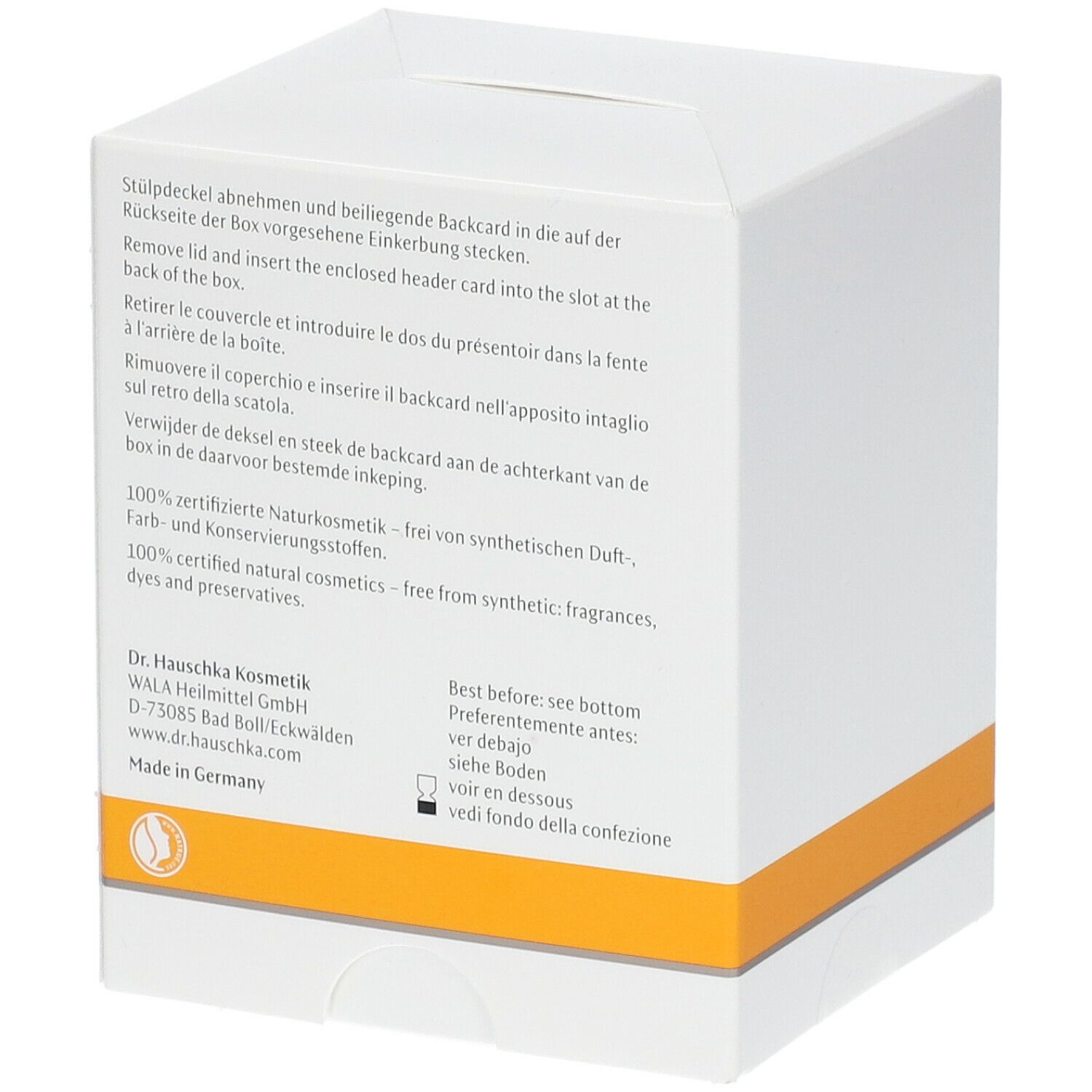 Dos de la boîte en carton blanche. Texte multilingue. Inscription : 100% cosmétiques naturels certifiés.