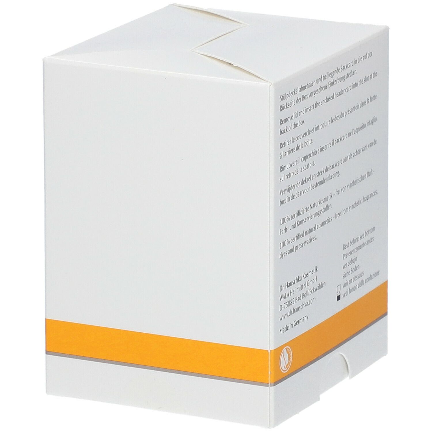 Dos de la boîte en carton blanche. Texte multilingue. Inscription : 100% cosmétiques naturels certifiés.