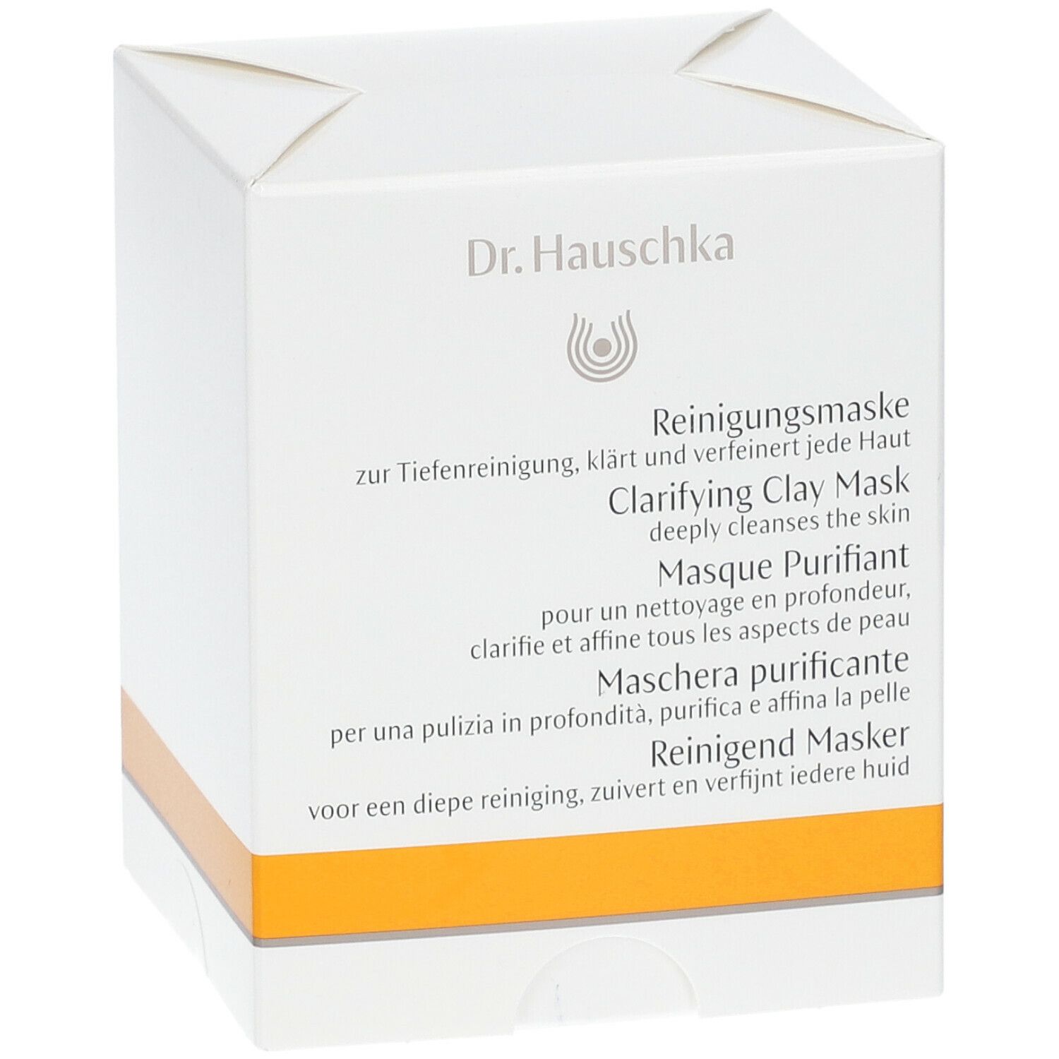 Boîte en carton blanche avec bande jaune. Inscription : Dr. Hauschka, Masque Purifiant, Clarifying Clay Mask.