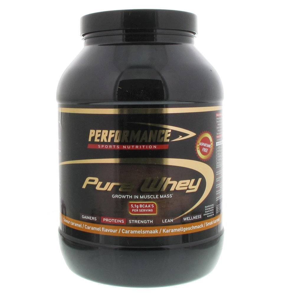 Pot noir "Performance Pure Whey". Texte doré. Contient 5,1g BCAA. Saveurs: Caramel, Caramel goût.