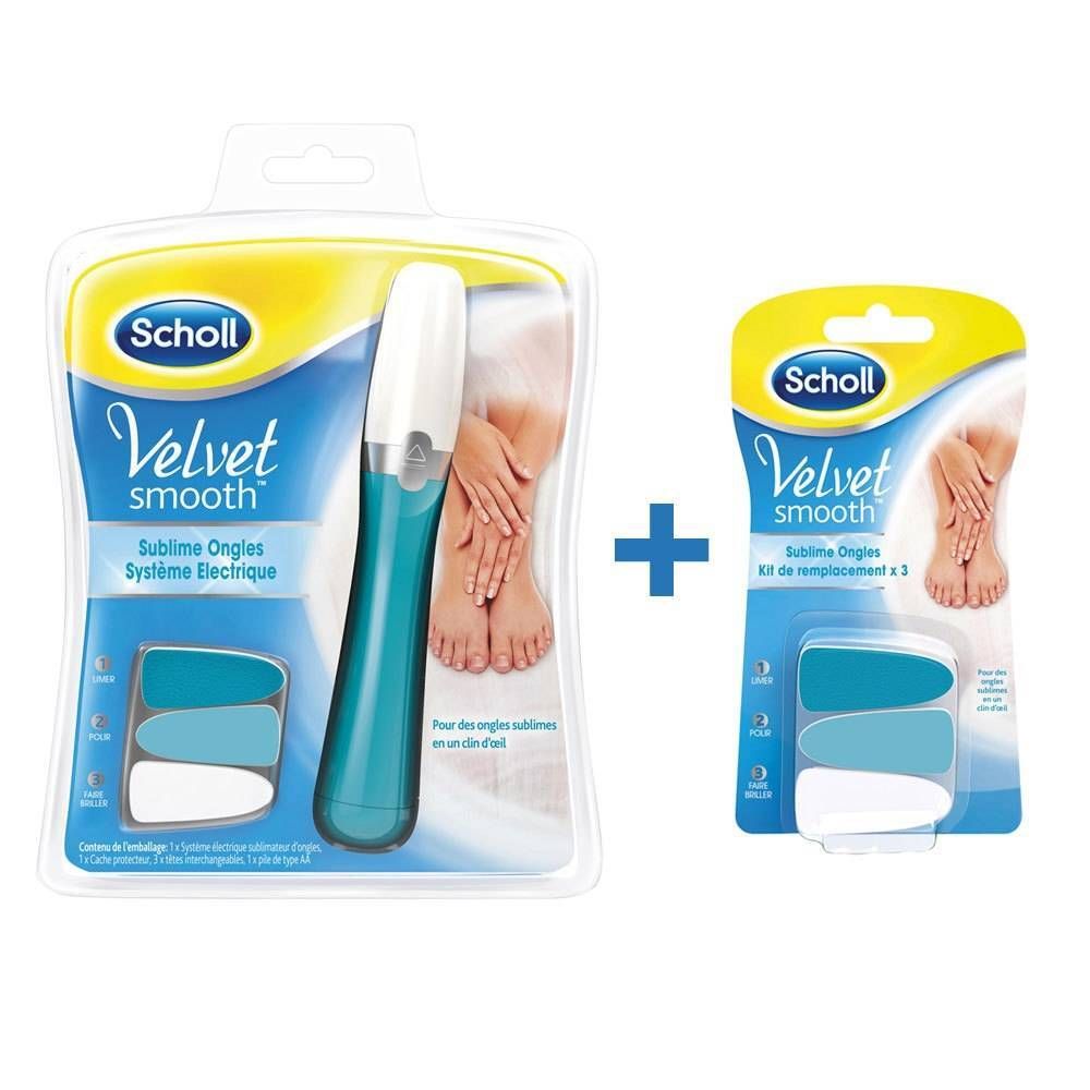 Scholl Velvet Smooth Système électrique pour les ongles et kit de remplacement. Emballage avec produit et têtes de rechange. Bleu, blanc et turquoise.