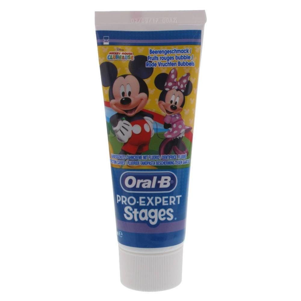 Tube de dentifrice Oral-B Pro-Expert Stages avec Mickey et Minnie. Goût fruits rouges.