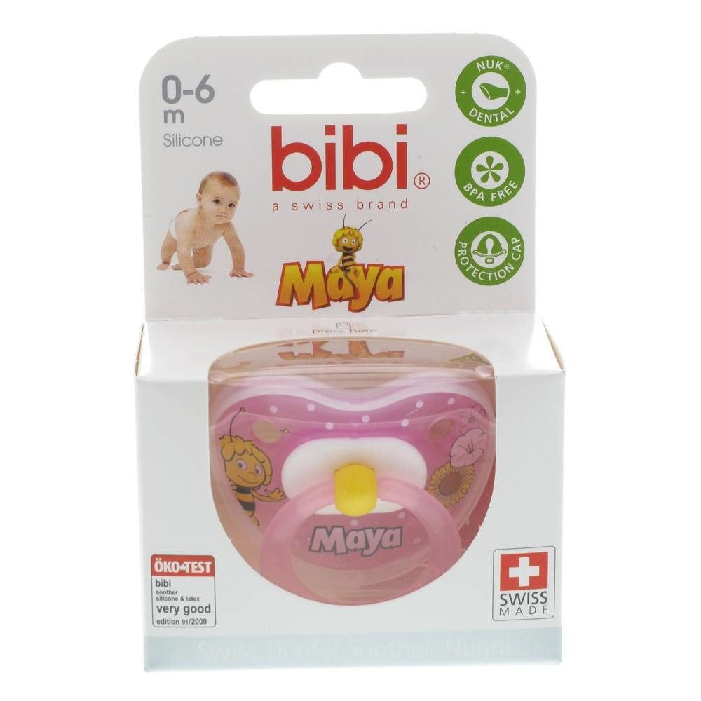 Sucette rose avec impression. Emballage avec logo, texte et sceaux. Marque : bibi, Maya. Âge : 0-6 mois. Swiss Made.