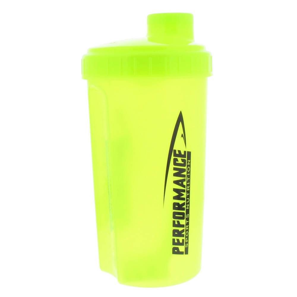 Shaker jaune avec couvercle. Inscription PERFORMANCE SPORTS NUTRITION en noir.