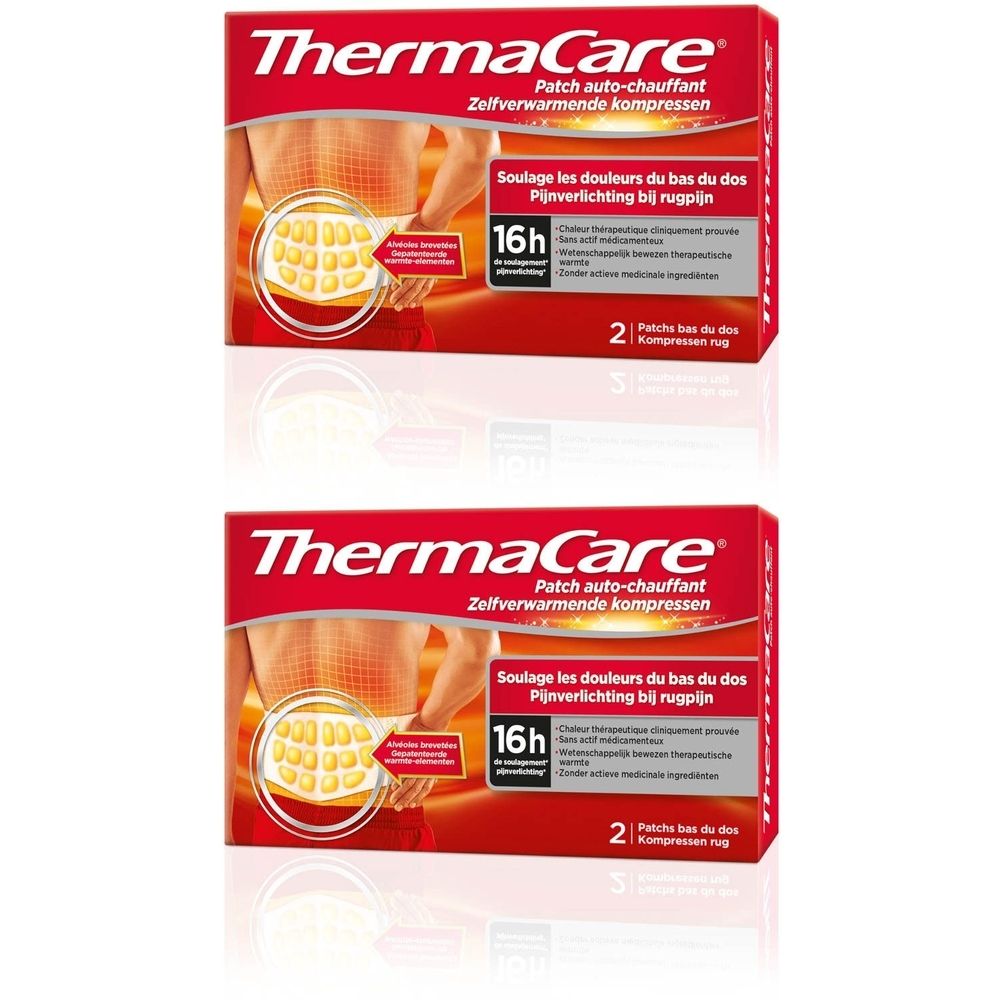 Deux boîtes rouges Thermacare. Inscription: Thermacare, Patch auto-chauffant, compresses chauffantes. Offre 2 pour 1.